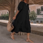 LOVZFMLL Fashion Women Loose Solid Color O Puff Sleeve Casual Short Sleeves Dress Black L
