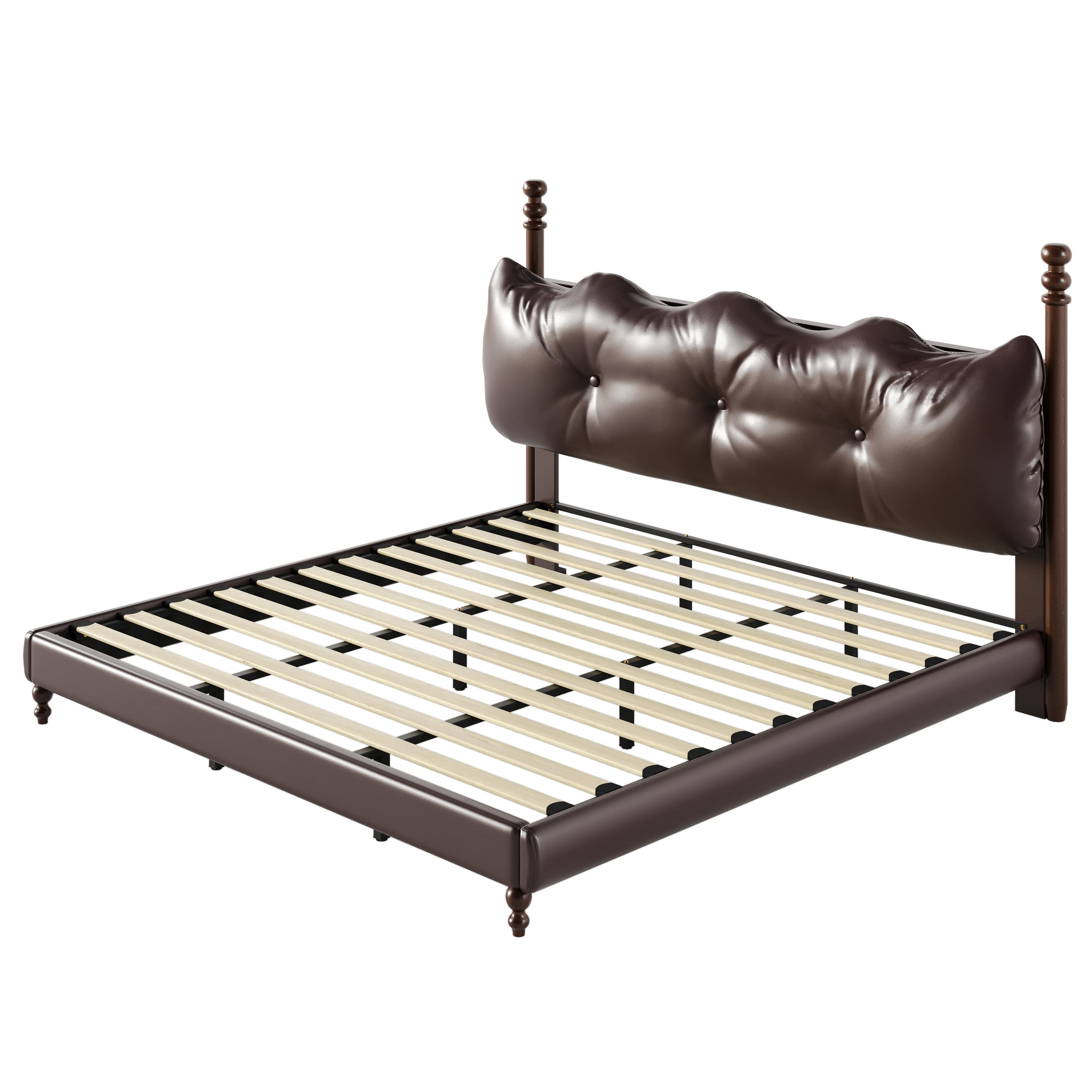 Noble House Lit Plateforme Grand Rembourré avec Tête de Lit, Cadre de Lit en Cuir PU avec Poteaux en Bois, Brun