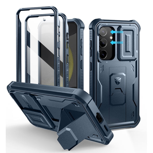 Dexnor for Samsung Galaxy S24 case in blue, featuring a built-in slide camera cover, screen protector, and kickstand. This heavy-duty, shockproof, full-body bumper protective cover is designed for the Galaxy S24 2024. The case includes precise cutouts for ports and buttons, supports wireless charging and PowerShare, and offers military-grade drop protection up to 10ft. It also features a dual-frame option for screen protection and a versatile kickstand that doubles as a ring holder for secure grip or hands-free viewing.