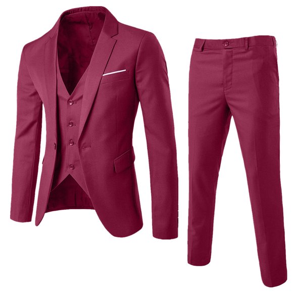 wendunide polo shirts for men Men's Suit Slim 3-Piece Suit R Business Wedding Party Jacket Vest & Pants Red L