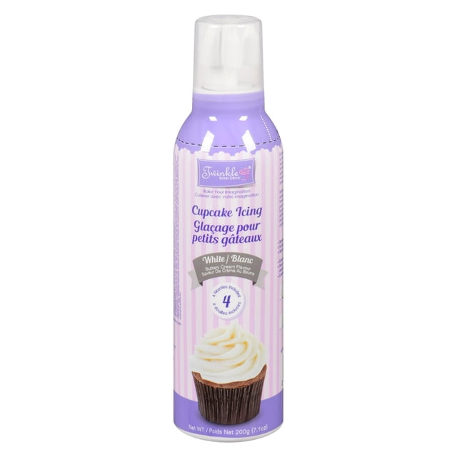 Twinkle Glaçage de Cupcake Blanc en Canette Aérosol de 200 g (7,1 Oz) avec Étiquette Rayée Violette et Rose, Comprenant du Glaçage Crème au Beurre Blanc et Quatre Embouts Décoratifs Inclus, Idéal pour la Cuisson et la Décoration de cupcakes, Sans Arachides, Sans Noix et Sans gluten.