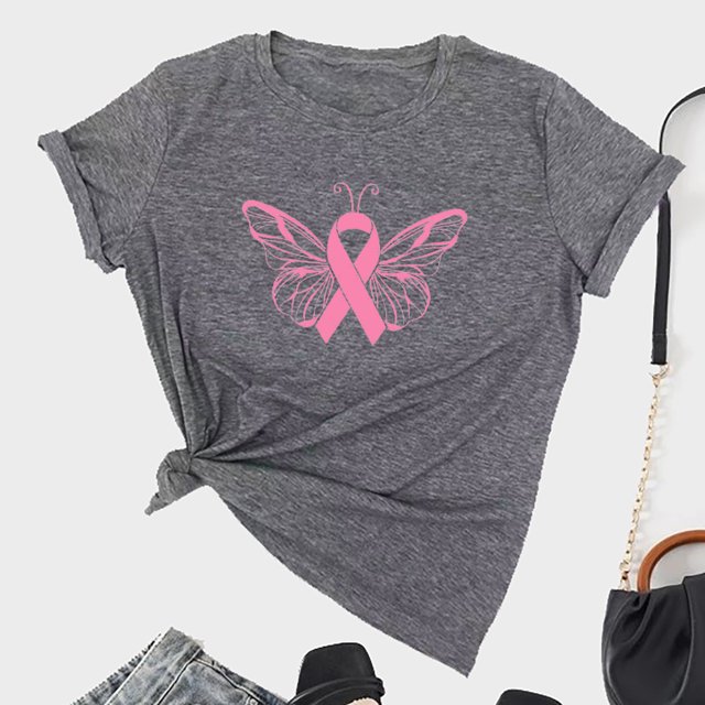 TIMIFIS Chandails de Sensibilisation au Cancer du Sein pour Femmes Été Ample Imprimé T-Shirt à Col Rond Manches Courtes Blouse Décontractée Automne/hiver