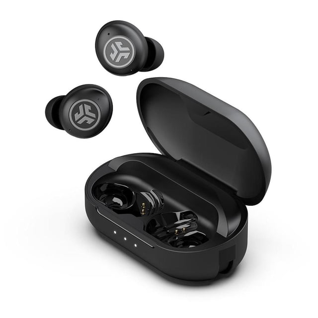 JLab JBuds Air Pro True Wireless Earbuds in black with an open charging case and two earbuds above, featuring matte black finish, circular touch controls with JLab logo, LED battery indicators on the case, Bluetooth multipoint connectivity, 36+ hours playtime, and low latency movie mode, ideal for wireless audio and customizable sound.
