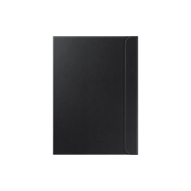 Samsung Galaxy Tab S2 9.7" Book Cover Case in black polyurethane with a leather-like texture, featuring an embossed Samsung logo on the front flap and a magnetic closure on the right edge, designed with three adjustable standing modes for versatile tablet viewing and protection, also suitable for safely storing tablets during travel.