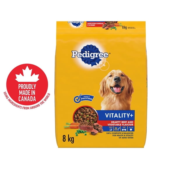 PEDIGREE VITALITY+ Dry Food For Adult Dogs – Hearty Beef & Vegetable Flavour - Supports Strong Bones and Healthy Teeth - With Calcium, 8kg Bag