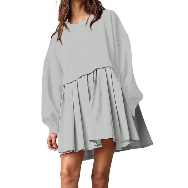 Womens Oversized Sweatshirt Dress Long Flowy Patchwork Pullover Tops Cute Drop Shoulder Sweatshirts Fall Long Sleeve Mini Dress Teen Girls Crewneck Solid Tunic Pleated Loose Clothing Beig