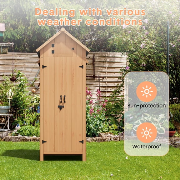 Edtara Waterproof Garden Tool Shed, 177cm Outdoor Wooden Storage Cabinet With 3 Shelves, Lockable Door, and Roof Space for Lawn, Patio, and Yard