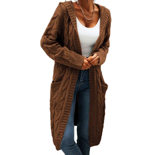 Women Hooded Open Front Cardigan Cable Knit Sweaters Solid Chunky Long Sweater Coats with Pockets