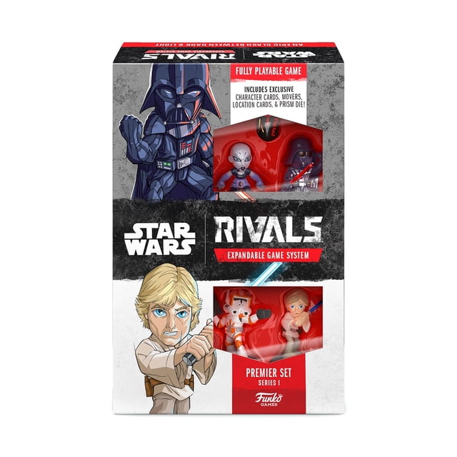 Funko Games STAR WARS RIVALS SERIES 1: PREMIER SET board game box featuring stylized Darth Vader and Luke Skywalker artwork with visible collectible character figures inside the windowed packaging, promoting a fully playable, expandable game system with exclusive character and location cards plus a prism die.