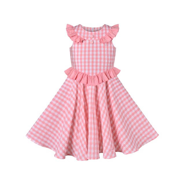 Robe Fille à Volants Rose à Carreaux à Carreaux Boutonnée Sans Manches Col Rond 4 Ans