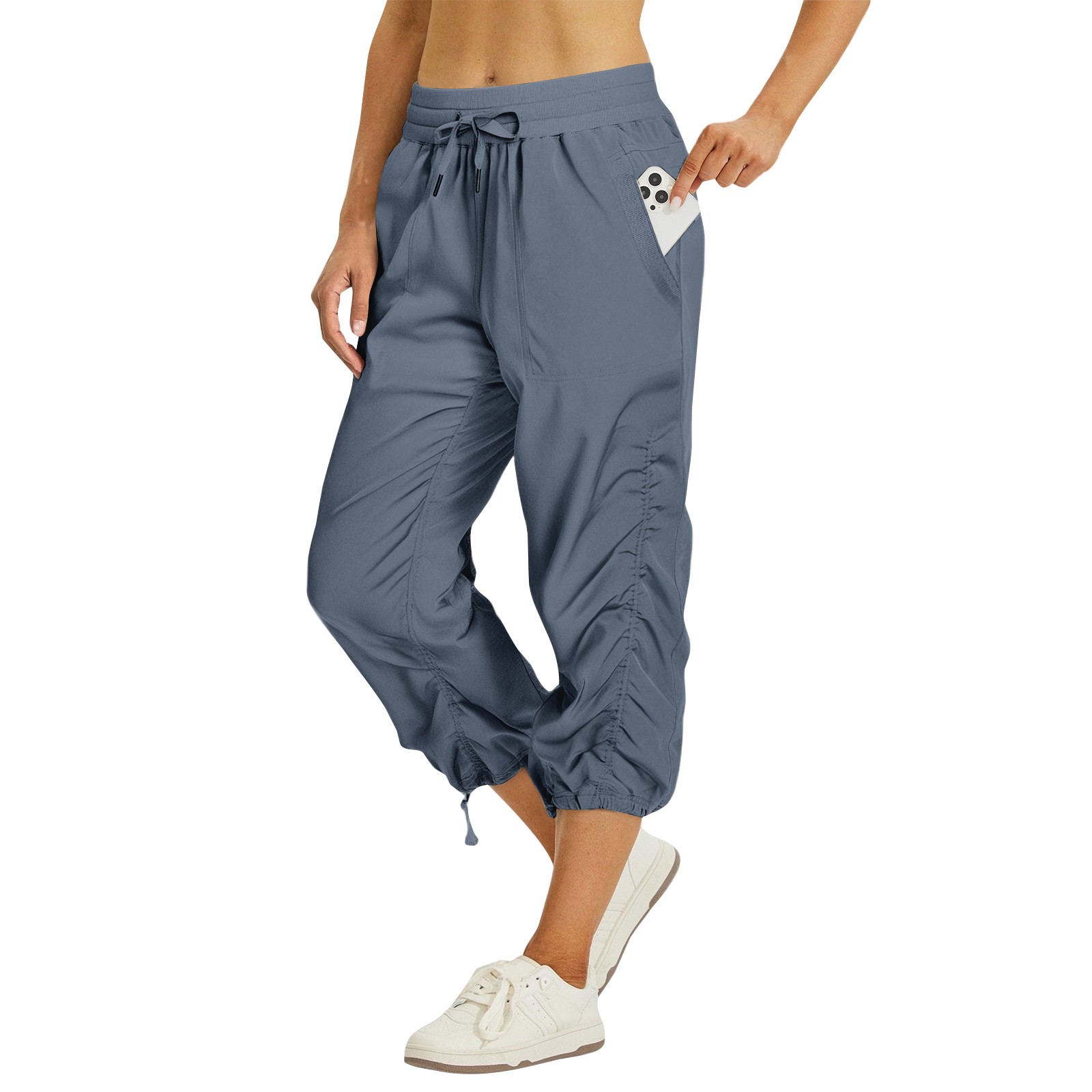 Capri Pantalon Femme Taille Élastique Ajustable Pantalon Cargo Extensible Bas Resserré Cordon de Serrage Séchage Rapide Pantalon Parachute avec Poches Bleu Royal TG