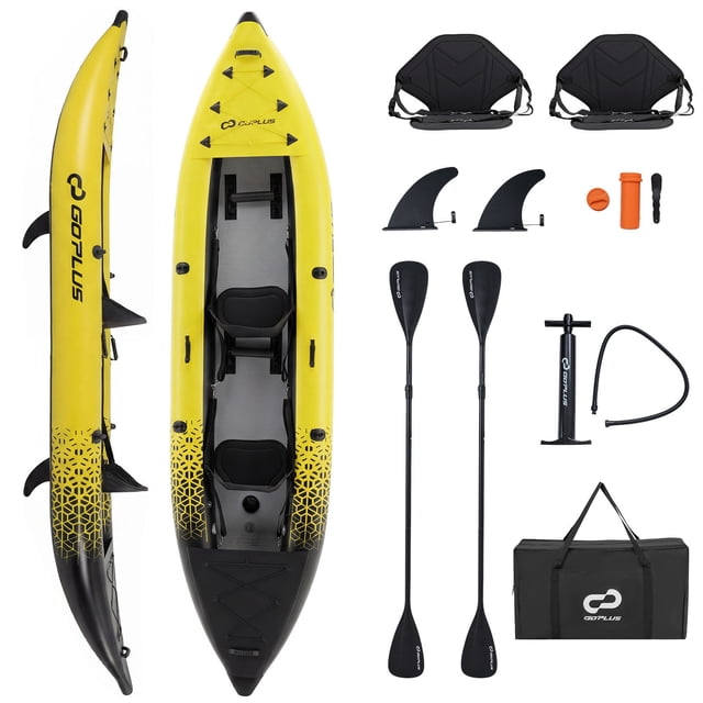 Costway Ensemble de Kayak Gonflable Portable pour 2 Personnes avec Rames en Aluminium, Siège Rembourré en EVA, Jaune