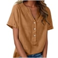 thumbnail image 1 of Floleo T-Shirt à Manches Courtes pour Femmes, Style Lin, Col en V, Boutons devant, Demi-Ouverture, Haut Vintage Classique, Respirant, Confortable, Extensible, Tissu Fin, Printemps Été Automne, Tenue Quotidienne (Gold#2,L), 1 of 8