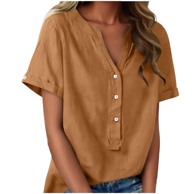 Floleo T-Shirt à Manches Courtes pour Femmes, Style Lin, Col en V, Boutons devant, Demi-Ouverture, Haut Vintage Classique, Respirant, Confortable, Extensible, Tissu Fin, Printemps Été Automne, Tenue Quotidienne (Gold#2,L)