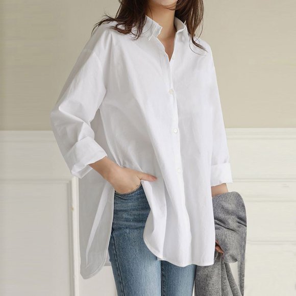 TANGNADE Blouse Ample à Poche Unie pour Femme Grande Taille, Chemise Décontractée à Manches Longues avec Boutons, Haut Blanc + m
