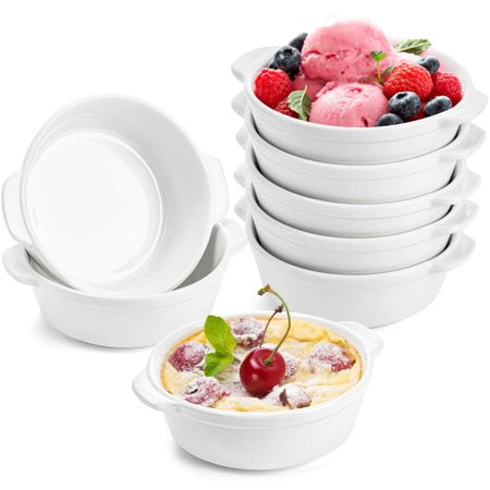 Foraineam 8 Pack 10 Ounce Porcelain Souffle Dishes with Double Handles Round Ramekins Bakeware Set for Pudding, Creme Brulee, Souffle