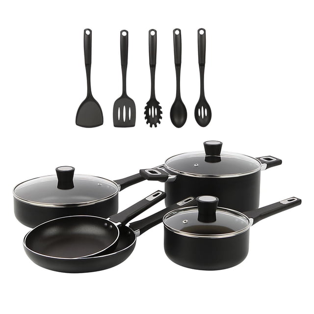 Mainstays Aluminum Nonstick 13pcs Cookware Set Black including two covered saucepans, a covered dutch oven, two skillets, and five black nylon utensils such as slotted spatula and pasta server, all with riveted handles and aluminum bodies for fast, even heating, suitable for all cooktops except induction.