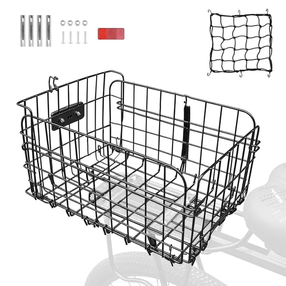 Semfri Folding Bicycle Basket Bicycle Frame Basket Folding Bicycle Rear Basket Large Capacity Metal Cargo Basket with Reflectors, Net Cover and Installation Tools Suitable for Most Bicycles - Black