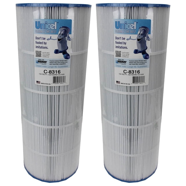 Unicel C-8316 Swimming Pool 150 Sq. Ft. Replacement Filter Cartridge (2 Pack) designed for pools, hot tubs, and spas. Features durable spun-bonded polyester media with 215 pleats for efficient debris filtration. Includes tough urethane end caps and a 4-inch ID for compatibility with Hayward XStream CC1500 filters.