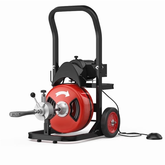 75FT x 1/2 Inch Drain Cleaner Machine with Auto Feed, 450W Sewer Snake Auger on Wheels with 4 Cutter Heads, Portable Electric Drain Cleaning Machine for 2–4 Inch Pipes