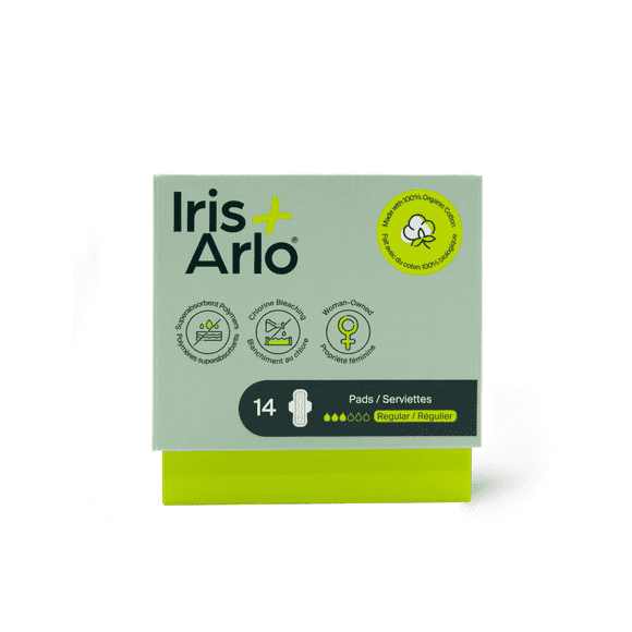 Iris + Arlo Organic Pads with Wings, Regular, 100% Cotton, Chemical-Free, Non-toxic, No plastic (14 Count)