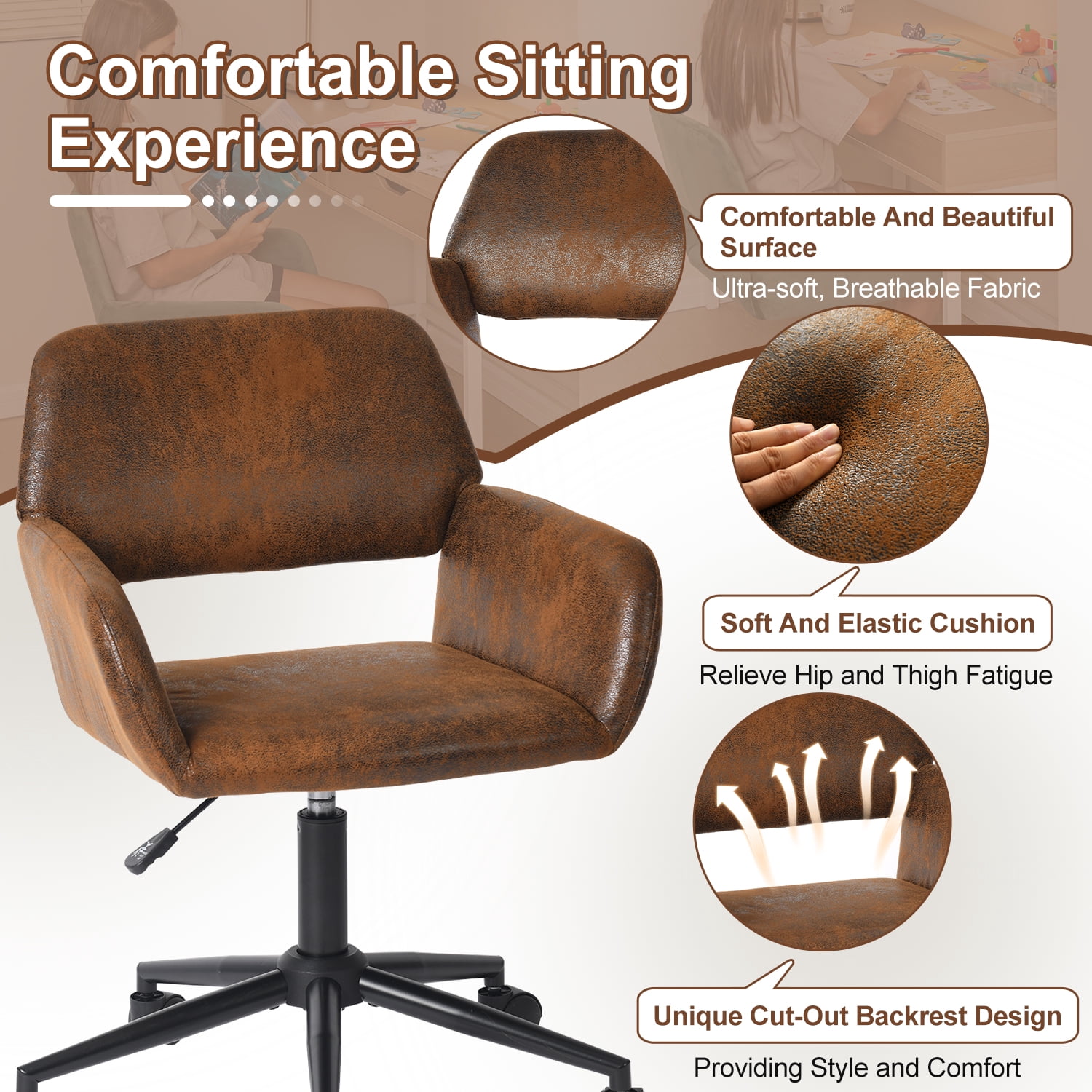 Homy Casa Compact Home Office Chair, Brown Faux Suede Desk Chair with 360° Swivel, Adjustable Height and Rolling Base