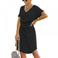 thumbnail image 3 of Femmes Mini Robe Taille Haute Manches Courtes Basique Robe Fluide Ample Ajustement V Cou Solide Couleur Ceinture Robe de Soirée, 3 of 9