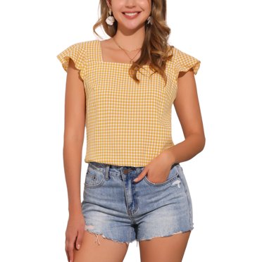 INSPIRE CHIC Women's Gingham Tops Square Neck Ruffle Cap Sleeves Summer Blouse Light Yellow L