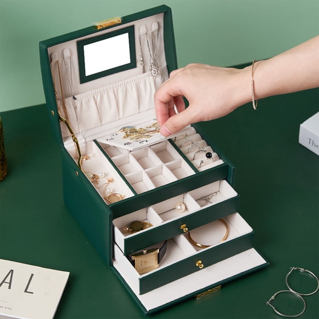 EGNMCR Jewelry Box With Lock And Mirror Jewelry Organizer Storage Case With 3-Layers Display For Earrings Bracelets Rings Watches,