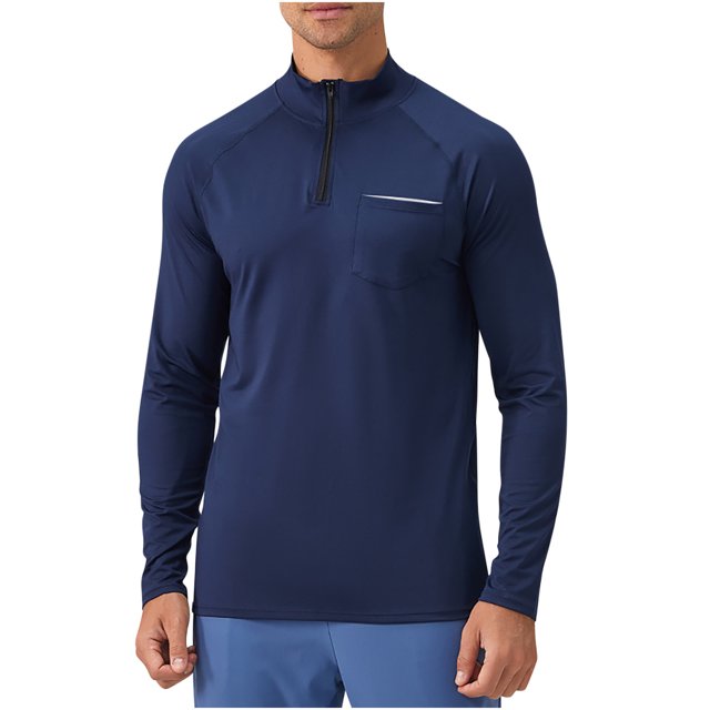 RXIRUCGD Chemise Décontractée à Manches Longues pour Hommes, Couleur Unie, Col Rabattu avec Fermeture Éclair, Bleu Marine, Taille : 2TG