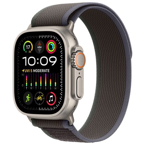 Apple Watch Ultra 2 (GPS + Cellulaire) 49 mm Titane – Bracelet Trail Bleu/noir P/M, Montre Intelligente Robuste – Boîte Ouverte
