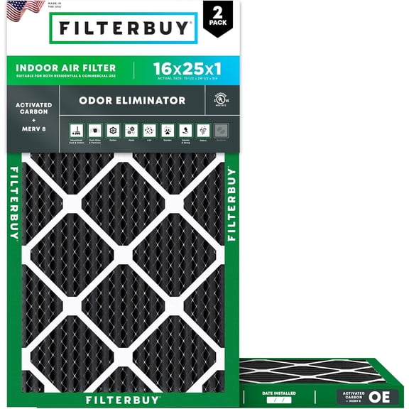Filterbuy 16x25x1 Air Filter MERV 8 Odor Eliminator, HVAC AC Furnace Air Filters Replacement (2-Pack)