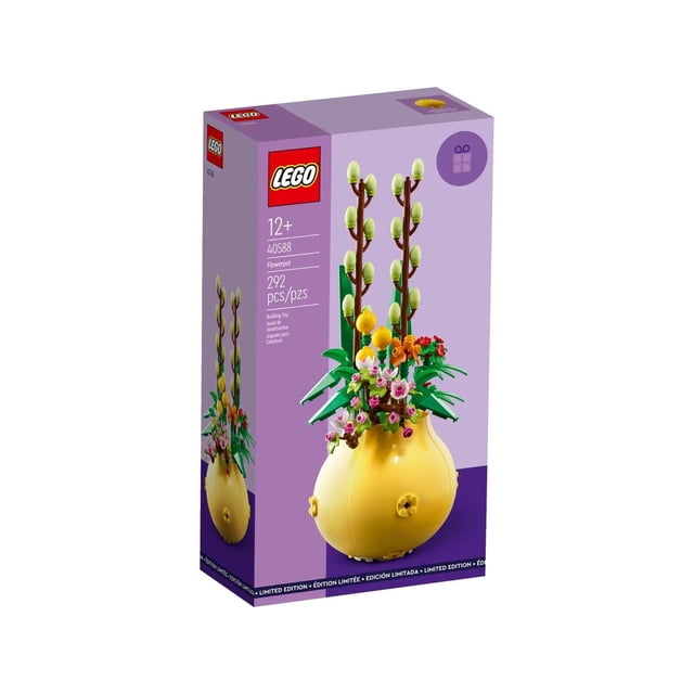 LEGO 40588 Botanical Flowerpot Limited Edition with 292 pieces, featuring a vibrant multicolour design. The set includes a yellow flowerpot with LEGO interpretations of spring flowers such as cherry blossom, globosa craspedia, and Salix discolor. The model measures approximately 29 cm high, 12 cm wide, and 12 cm deep. Packaged in a purple box with branding and age recommendation of 12+.