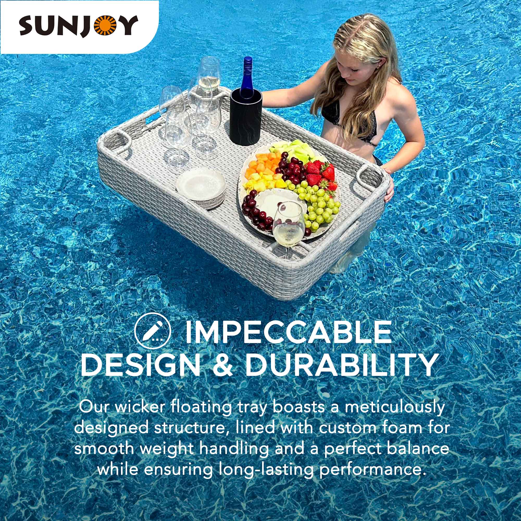 Sunjoy Floating Pool Canopy with Add-on 36x24 in. Wicker Tray,Gray