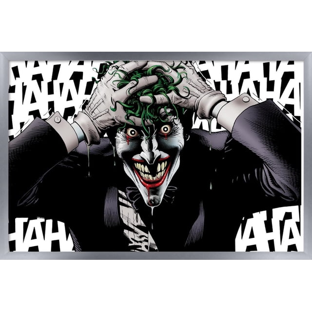 DC Comics - The Joker - Affiche Murale Folle, 22,375 Po x 34 Po Présente une illustration Encadrée du Joker Orientée vers l'Avant avec des Cheveux Verts, une Peinture Visage Blanche et un Grand Sourire avec des Lèvres Rouges, Portant un Complet Noir et des Gants, Saisissant Sa Tête avec un Liquide Vert Qui Goutte, sur un Fond Blanc avec un Texte Noir Répétitif « HA HA ». Convient à la Déco Murale dans les Chambres, Bureaux, Dortoirs Ou Fêtes à Thème.