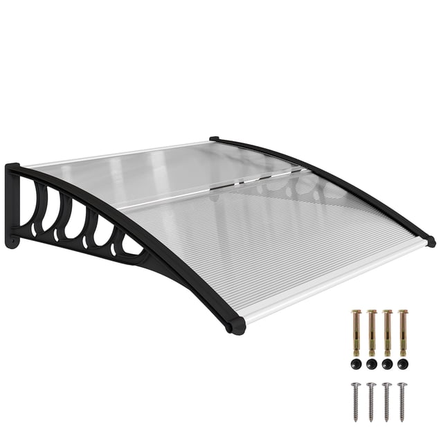 Outsunny Auvent de Fenêtre Auvent de Porte 40 Pouces x 40 Pouces avec Poteaux en Aluminium Noir et Panneaux en polycarbonate Transparent. Conçu pour l'Installation de Murs en Ciment, Il Protège les Embrasures et les Fenêtres des Rayons UV, de la Pluie Légère et de la Neige Douce. Idéal comme Couverture de patio Ou Auvent de Porte pour les Espaces Extérieurs.