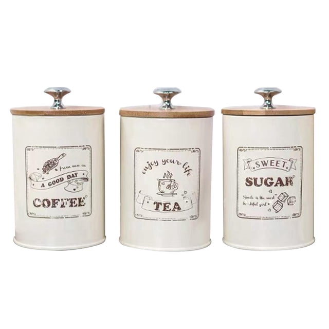 Siruishop Kitchen Canister Set featuring three beige storage containers labeled Coffee, Sugar, and Tea. Each canister is made of food-grade iron with a shatterproof and anti-rust finish, and includes a bamboo lid with a silicone rim for secure sealing. The containers have a 1L capacity and are suitable for storing ingredients like coffee, sugar, tea, or non-food items. The set is ideal for kitchen countertops, dining tables, or as a gift for housewarmings or special occasions.