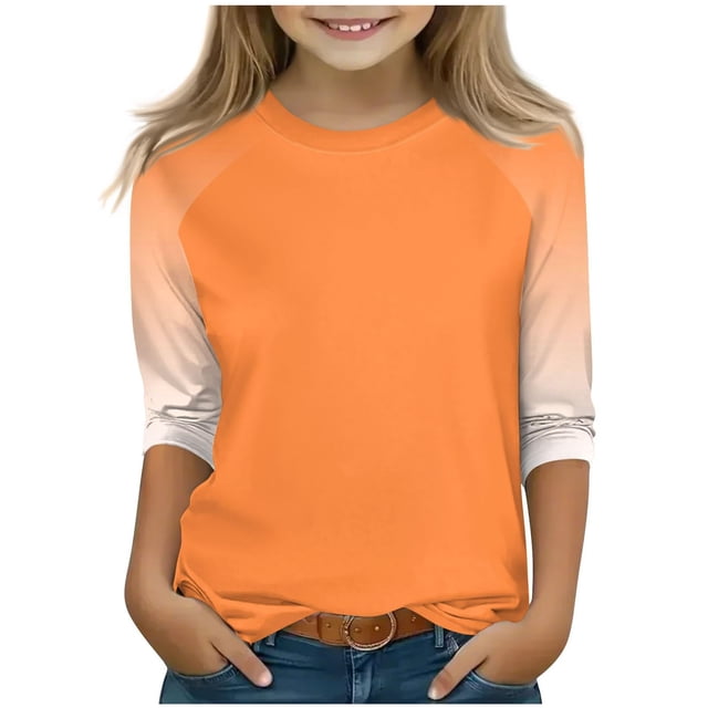 SERTG T-Shirt de Mode pour Tout-Petits et Enfants, Col Rond, Manches 3/4, Imprimé, Blouse à Col Ras du Cou, T-Shirts pour l'Été et le Printemps, 4-15 Ans (Orange#3, 13 Ans)