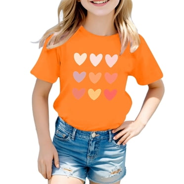 T-shirt Mignon à Imprimé Graphique pour Filles, Col Rond, Manches Courtes, T-Shirt d'Été Décontracté, Hauts, T-Shirts et Chemises pour Filles, Orange 100/3 A-4 A
