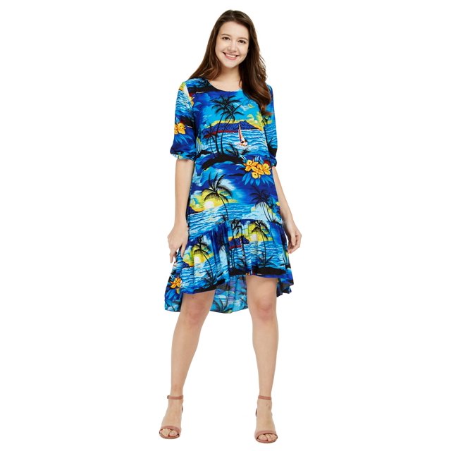 Women's Hawaiian 3/4 Sleeve Mermaid Ruffle Tunic Dress XL Sunset Blue