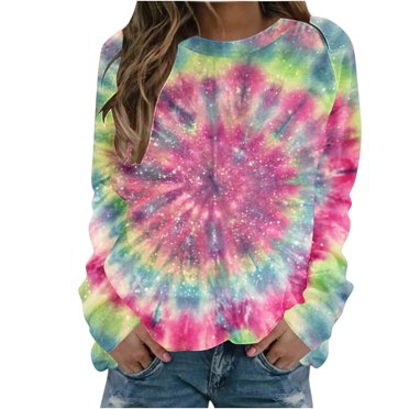 FAIWAD Women Tie-Dye Sweatshirt Long Sleeve Round Neck Pullover Tops Trendy Color Block Loose Sweatshirts
