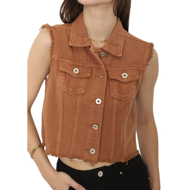 Womens Distressed Denim Button Up Sleeveless Crop Vest, Brown, XX-Large
