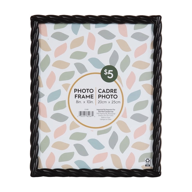 Saltana 8x10 Braided Black Tabletop Picture Frame with a black twisted braided border, holding an 8 by 10 inch photo, shown front-facing with a multicolored leaf pattern placeholder, suitable for tabletop or wall display in home décor.