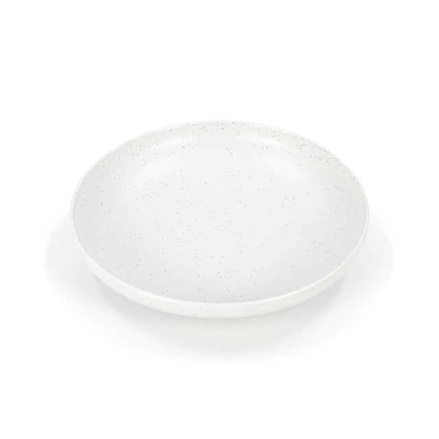SAB Luna 8.75 inch Pasta Bowl in white stoneware with fine black speckles, shown front-facing on a white background, designed for durable everyday use and elegant holiday entertaining, dishwasher and microwave safe.