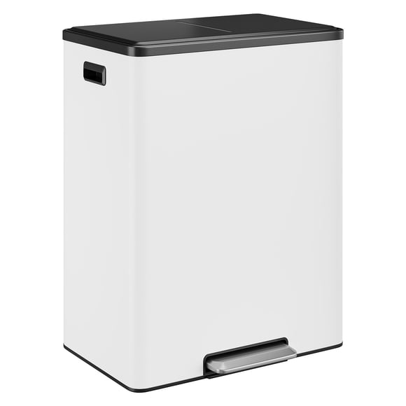 GOGRANT 60L Dual Compartment Stainless Steel Recycling Step Bin, 2x8Gal Trash Can with Soft-Close Lids, Hands-Free Pedal Garbage Bin for Kitchen Office