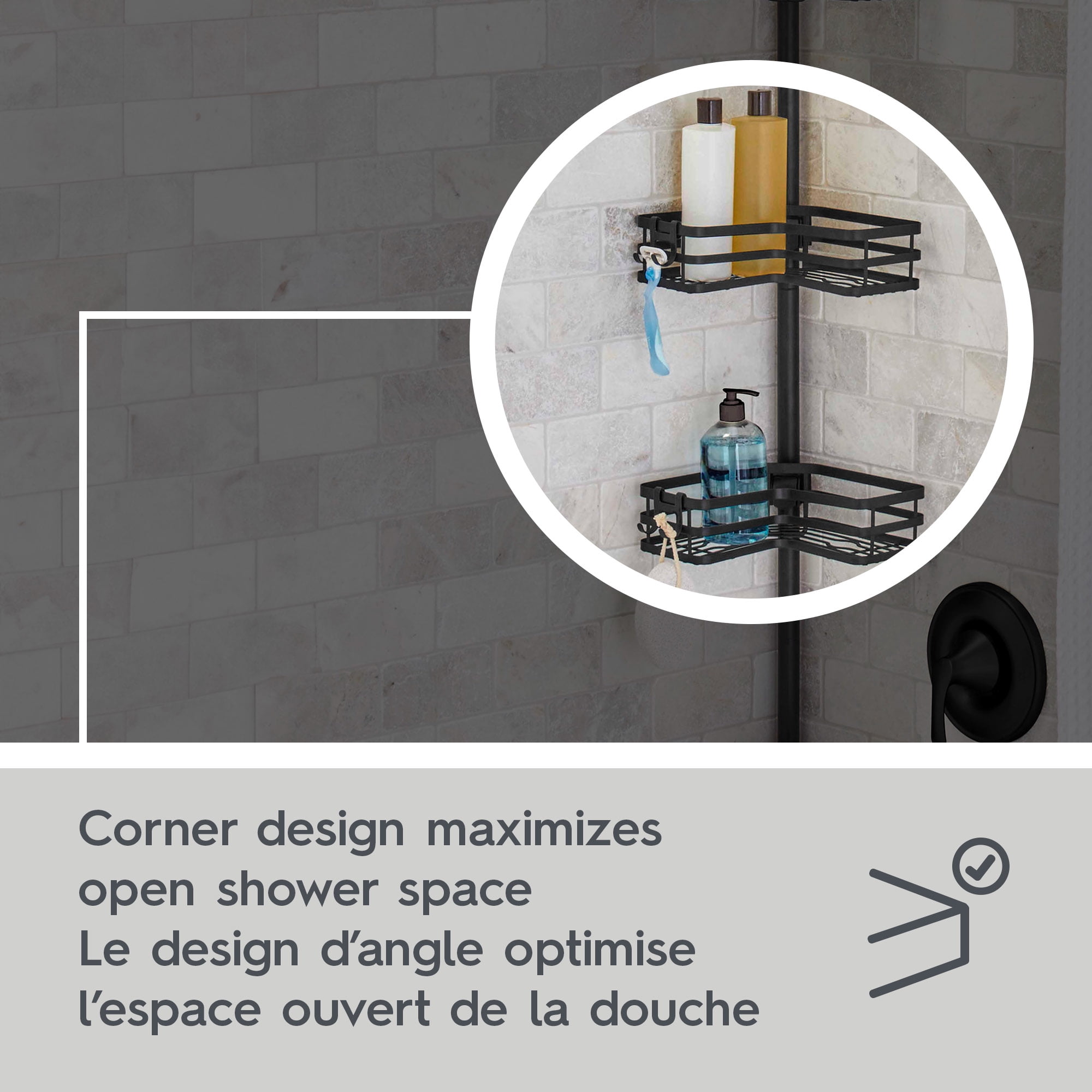 Better Homes & Gardens Matte Black Tension Pole Shower Caddy, Resists Rust, 3-Tier Storage