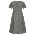 thumbnail image 2 of QUYUON Robe en Lin Femme Été Décontractée Col en V Manches Courtes Chemise Boutonnée Robes Invitée de Mariage Cocktail Fête Robe Trapèze Mini avec Poches Robe de Plage Soleil Style D-3440 Gris 5TG, 2 of 8
