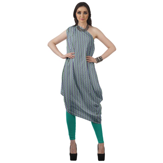 Moomaya Robe Kurti à une Épaule Imprimée pour Femme, Sans Manches, à Col Bénitier, Style Bohème, Tenue de Soirée de Designer