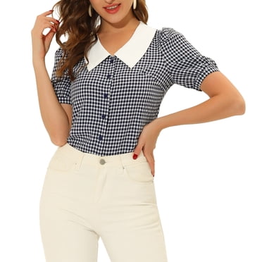 INSPIRE CHIC Women's Plaid Contrast Collar Puff Sleeve Button Down Shirt Tops M Navy Blue
