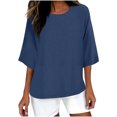 thumbnail image 3 of QATAINLAV Vente de la Rentrée, T-Shirts Surdimensionnés pour Femmes Manches 3/4 Col Rond Hauts Décontractés Amples T-Shirts Basiques Blouse en Coton et Lin Tenues Tendance Été 2025 Bleu Foncé L, 3 of 5